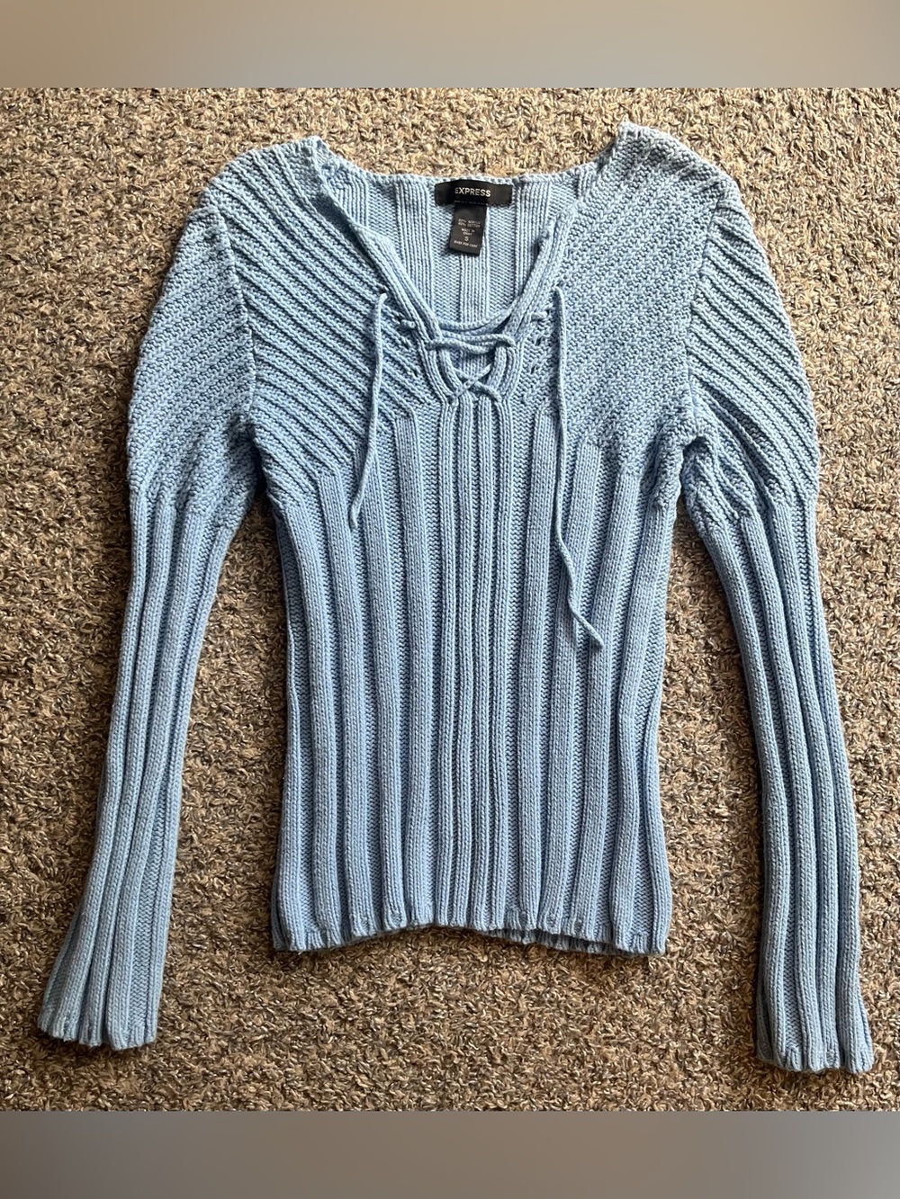 Express Y2K Light Blue Lace-Up Ribbed Knit Sweater, Sz S